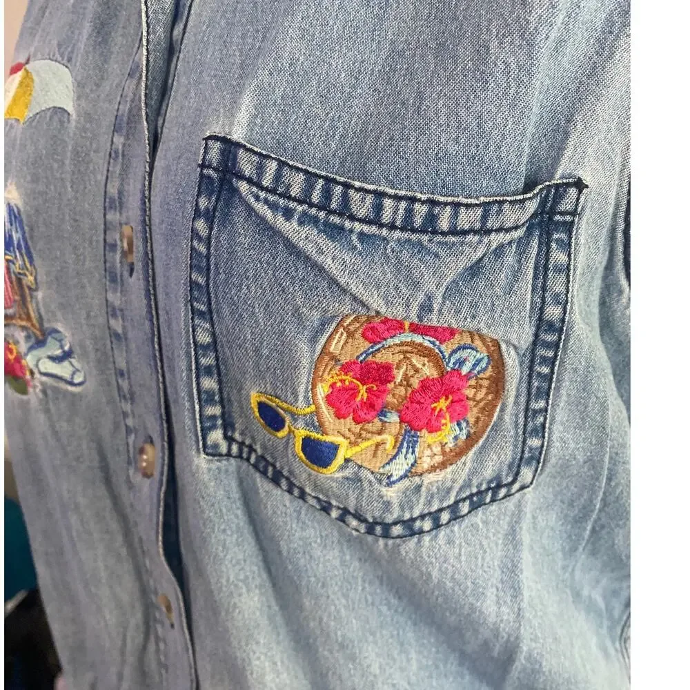 Vintage Solutions NY Embroidered Beach Denim Sleeveless Top Medium